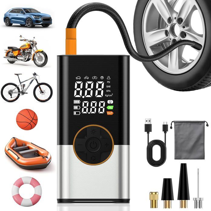 Compresseur D'Air Portatif Sans Fil - Pompe à Pneus 150 PSI Avec Arrêt Auto Et Écran LCD - Pour Voiture, Moto, Vélo, Ballon - Batterie 4000 MAh, Lumière LED