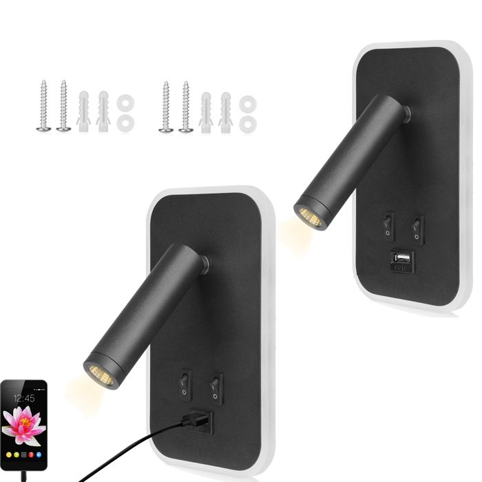 2Pcs Applique Murale LED avec Interrupteur et Port de Charge USB 3W+9W 3000K Fixation Murale Spot Rotatif Liseuse de Chevet