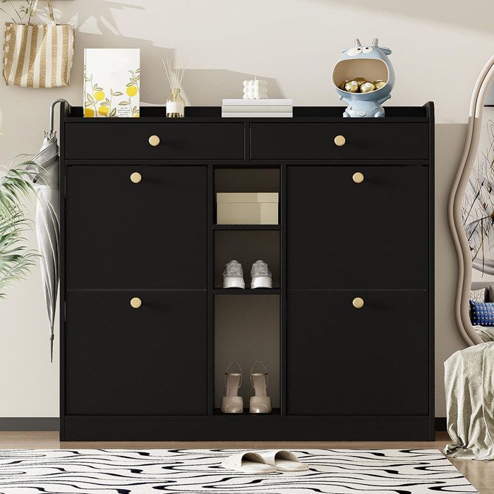 Meuble A Chaussures Noir avec 4 portes battantes 2 tiroirs 3 compartiments ouverts - 110x26x100 cm