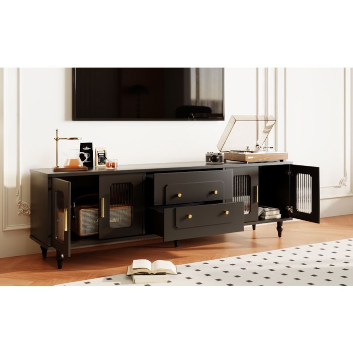 Buffet bas meuble TV de style rétro : poignées dorées beaucoup despace de rangement. Avec porte en verre et pieds en bois massi
