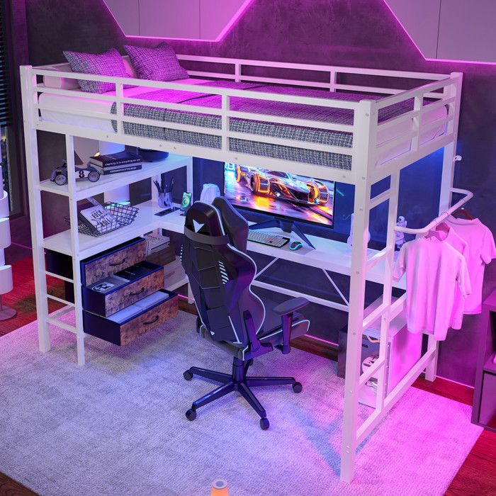 Lit Mezzanine Enfant 90x200 cm avec BarrièRes et Escalier Lit Enfant Superpose avec Bureau et 3 Tiroirs Lit Simple LED Blanc