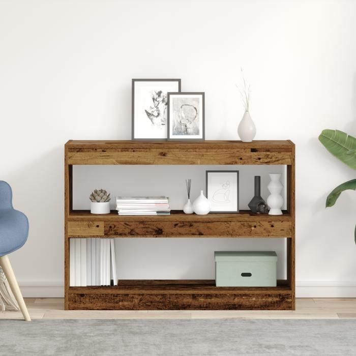 Bibliothèque - Paravent en bois vieilli - 100x30x72 cm - 3 étagères - Finition mate