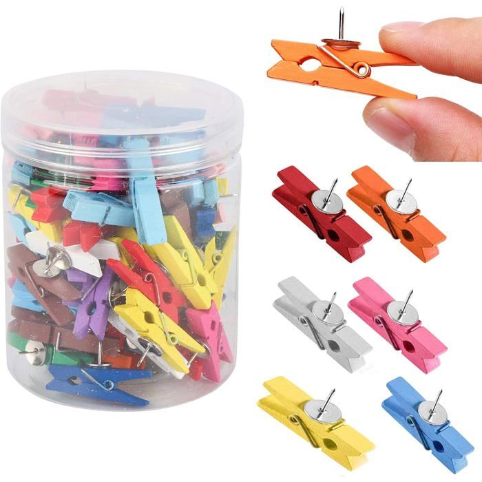 50 Pièces Punaises Avec Pinces En Bois - Clips Photo Notes Panneau Liège - Durable Et Pratique