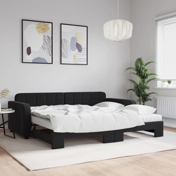 Lit de jour avec lit gigogne - vidaXL - Velours - Noir - 90x200 cm - Matelas en mousse - 224x100x71 cm