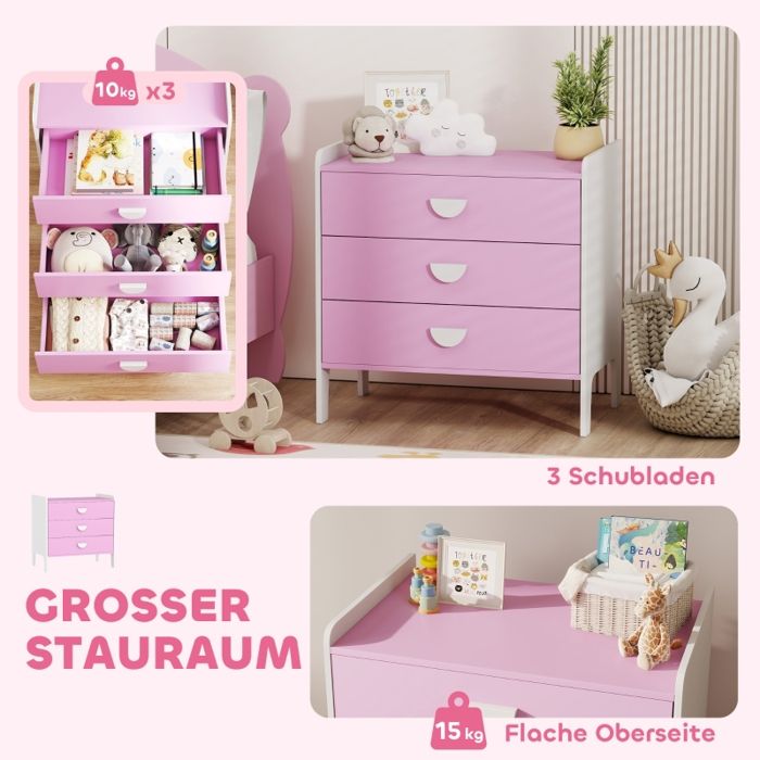 Commode pour enfants avec 3 tiroirs MDF armoire pour enfants rose+blanc