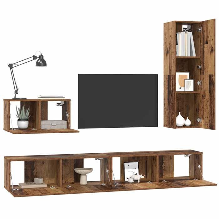 Meuble TV mural - vidaXL - Bois ancien - Bois dingénierie - 200x30x30 cm - Porte à charnières - Étagère intégrée