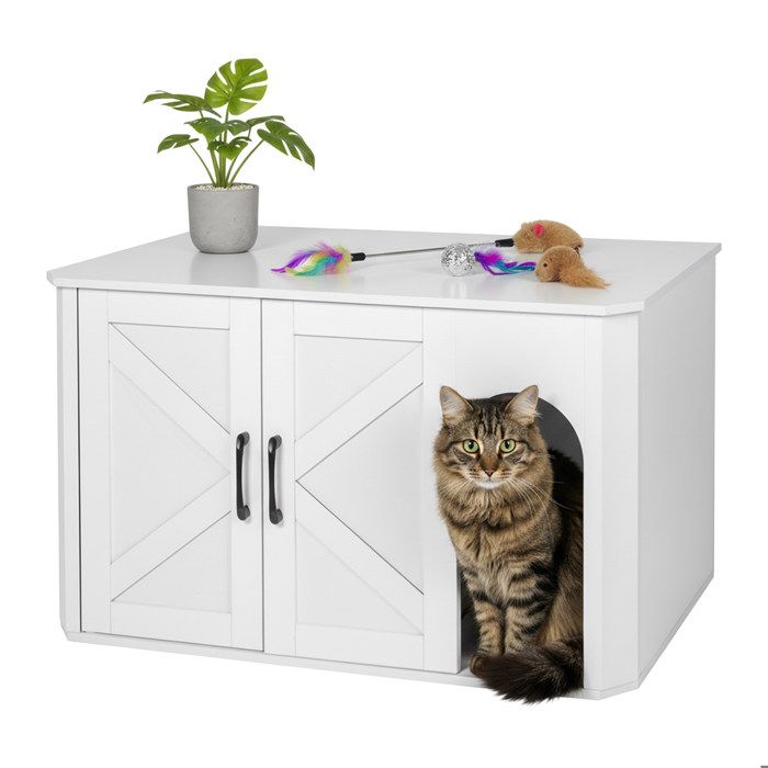 Meilleurs prix pour Meuble à litière Relaxdays avec accès et tapis anti-litière cache la litière H x L x P : 50 x 85 x 49 cm blanc