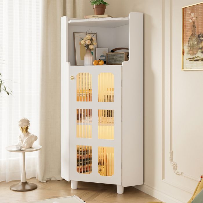Colonne de salle de bain Armoire haute LED Meuble de salle de bain avec 1 porte et 1 étagères ouverts 63.5x45x124 cm Blanc