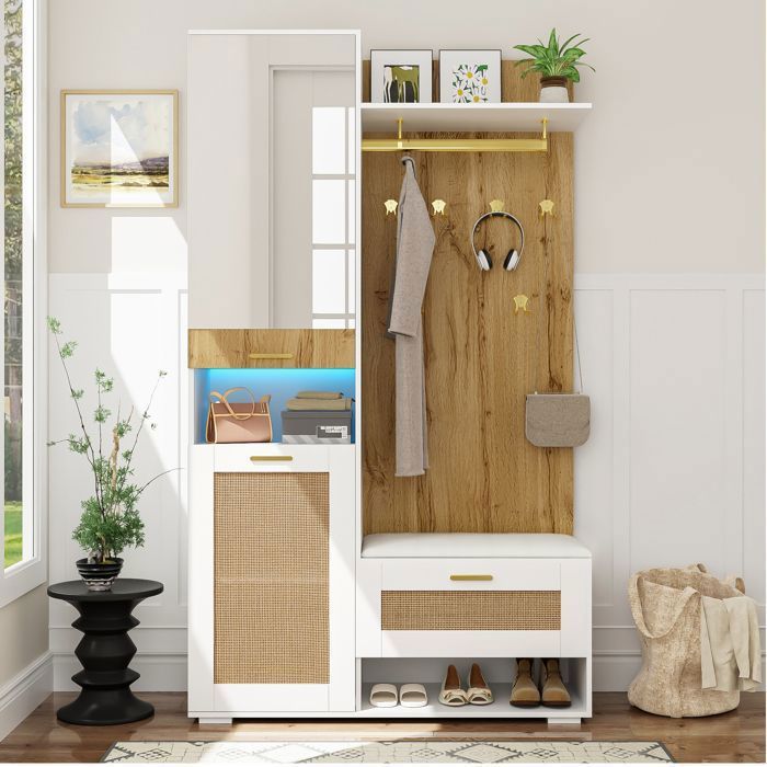 Meuble dentrée - Becag - Vestiaire dentrée avec LED et miroir - Ensemble vestiaire avec banc - 110x38x190cm - Naturel+Blanc