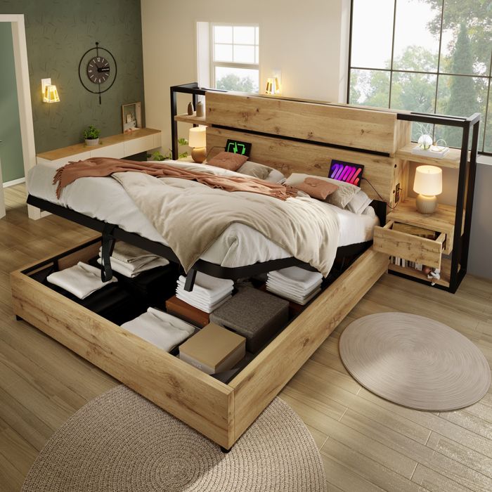 Lit Coffre 160x200 avec à lattes en bois tête de lit rangement avec tiroirs et Port USB&Type-C Cadre de Lit Double(Sans matela