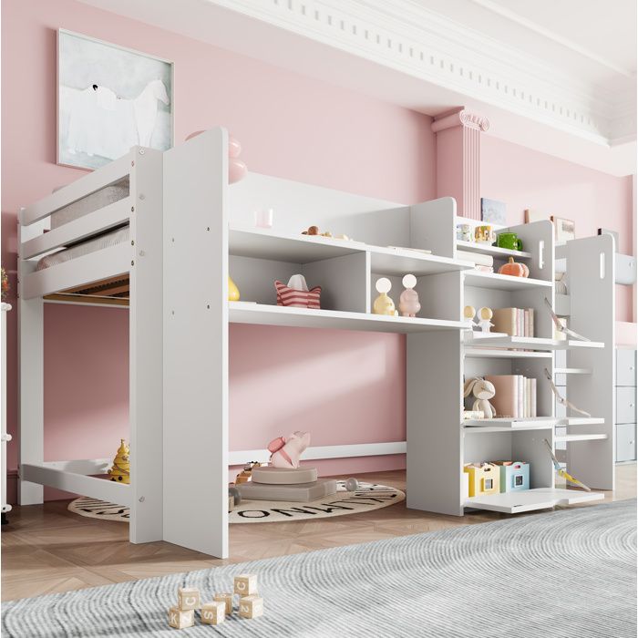 Lit enfant mi-hauteur blanc 90 × 200 cm avec rangements et structure maison