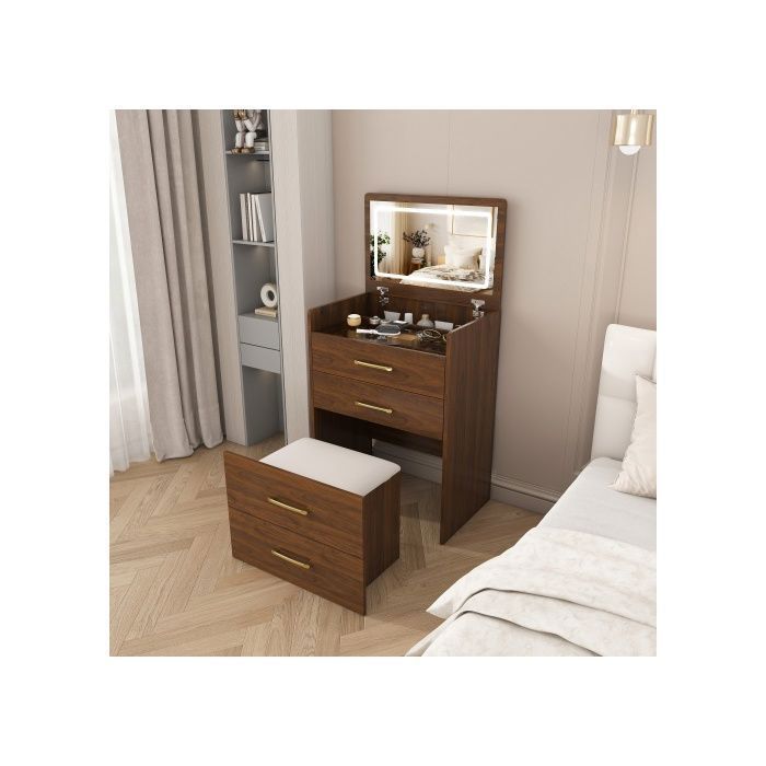 Coiffeuse noyer 60 x 40 x 118 cm avec miroir rabattable tabouret 3 tiroirs