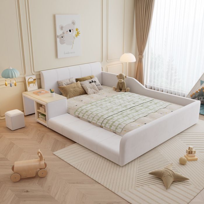 Lit capitonné- lit enfant 140x200cm- avec bureau enfant tabouret étagère tête de lit rembourré et sommier à lattes- velours- blanc Lit capitonné- lit enfant 140x200cm- avec bureau enfant tabouret étagère tête de lit rembourré et sommier à lattes- velours- blanc