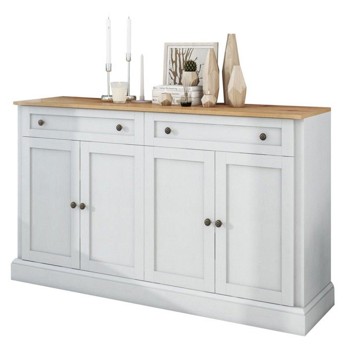 Bahut 4 Portes 2 Tiroirs Blanc Antique Bois Naturel 150x86x40 Cm Meuble Salon Salle à Manger Moderne Bahut 4 Portes 2 Tiroirs Blanc Antique Bois Naturel 150x86x40 Cm Meuble Salon Salle à Manger Moderne