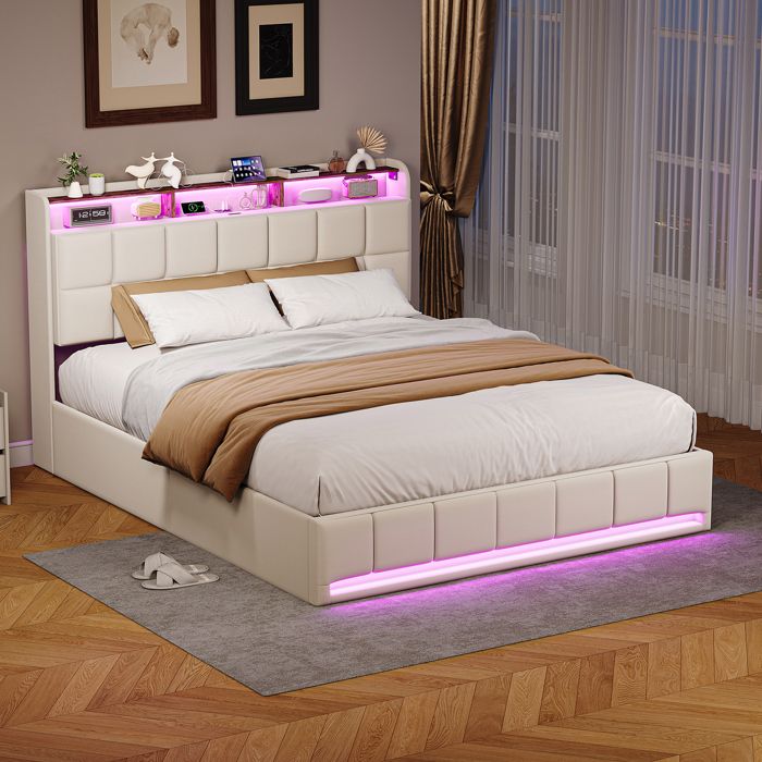 Lit Coffre 160x200 avec LED USB et Type-C Lit Double Rembourré avec Rangement Cadre de Lit sommier à lattes Lin Beige