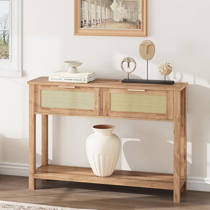 Table Console Bohème en Bois avec 2 Tiroirs et Étagère Ouverte Table Étroite en Rotin Naturel-110x30x79 cm-marron
