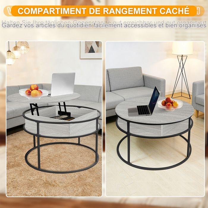 Table Basse Ronde Relevable pour Salon Table Centrale Moderne pour Canapé Meubles de Salon Réglable en Hauteur 60×60×47cm