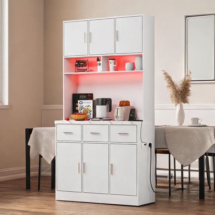 Buffet haut blanc MDF 100x40x180 cm avec éclairage LED APP 6 portes et prise USB – design contemporain