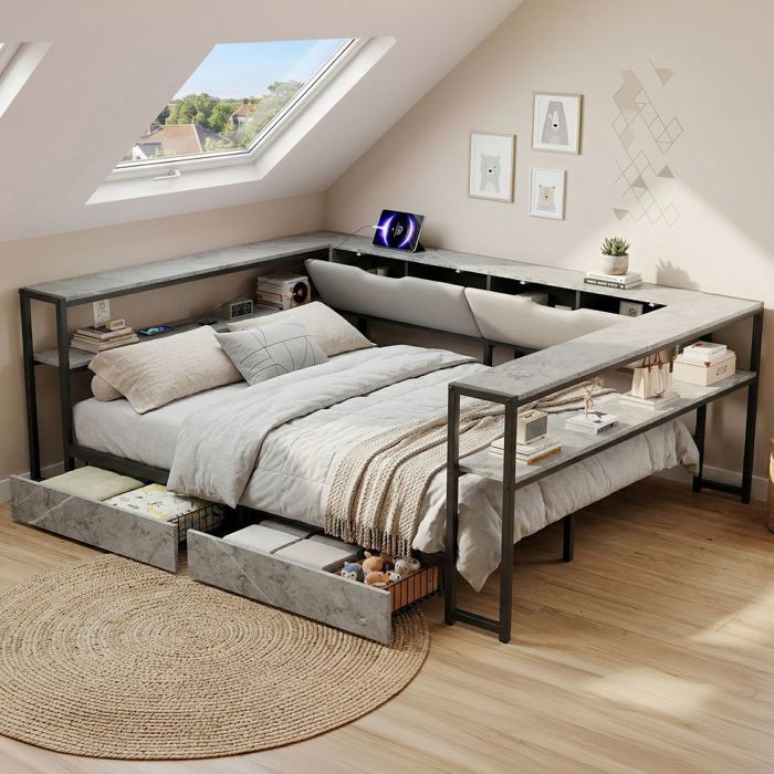 Canapé-Lit 140 x 200 cm station recharge USB et Type-C 2 tiroirs cadre métal aspect béton Couchage dAppoint