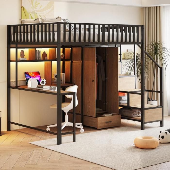 Lit mezzanine métal - KOMHTOM - 140x200 cm - Bureau intégré - Rangements & armoire - LED + USB-C Lit mezzanine métal - KOMHTOM - 140x200 cm - Bureau intégré - Rangements & armoire - LED + USB-C