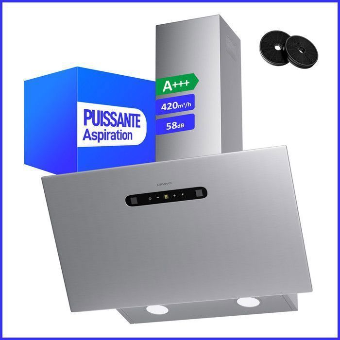 Hotte Aspirante Levivo 60cm 420m³/h A+++ Évacuation & Recyclage Filtre à Charbon Argent