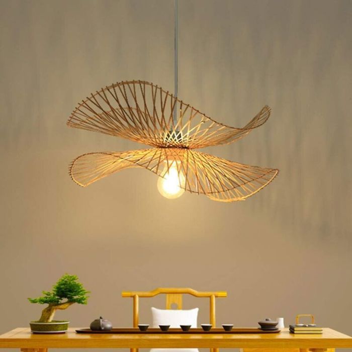Lustre Suspension - PZCC - Vintage - Bambou tressé & rotin - Culot E27 - Hauteur réglable