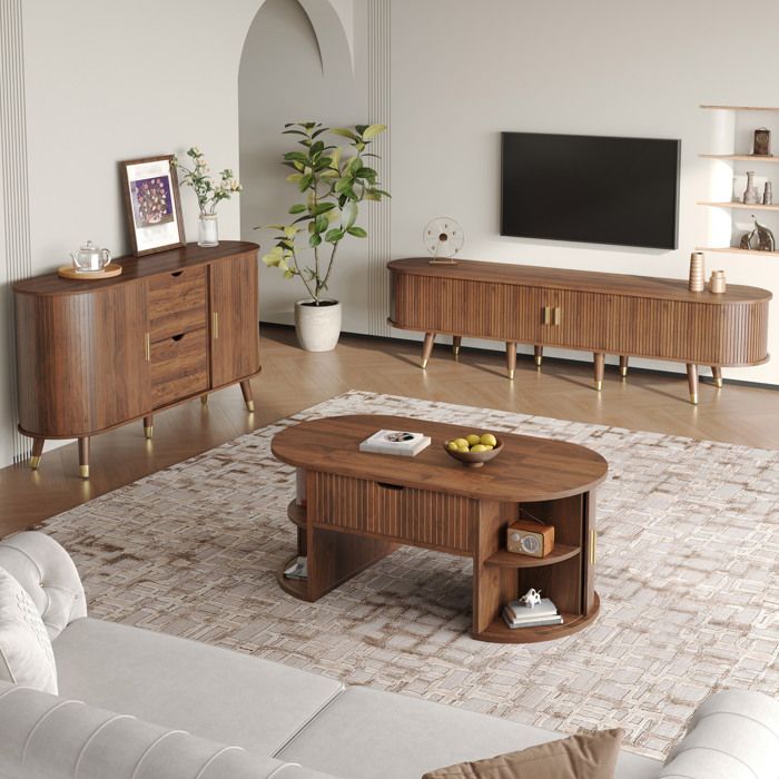 Ensemble salon 3 pièces noyer en MDF avec table basse relevable meuble TV et buffet à portes coulissantes