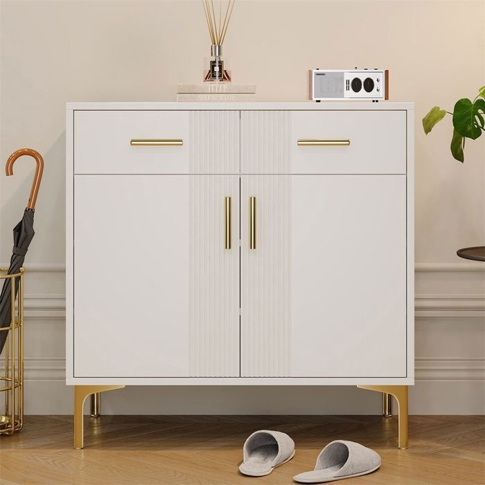 Buffet de cuisine avec pieds métalliques - Moderne Sideboard - 80 x 35 x 79.5 cm - 2 portes à motif vagues et 2 tiroirs - Blanc
