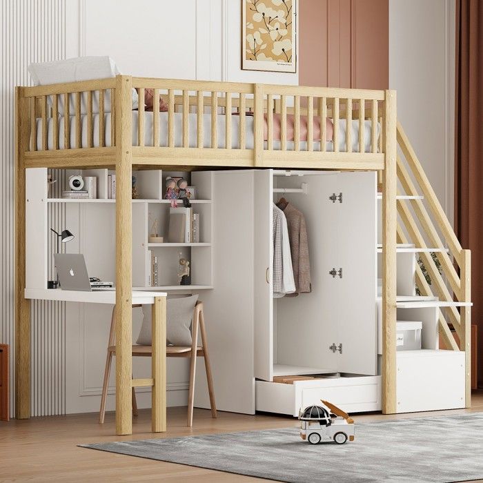 Lit Mezzanine 90x200 Naturel Blanc-Grande Étagère Penderie-Table Rangements Bois-Multifonction Enfant-Design Évolutif (sans Matelas) Lit Mezzanine 90x200 Naturel Blanc-Grande Étagère Penderie-Table Rangements Bois-Multifonction Enfant-Design Évolutif (sans Matelas)