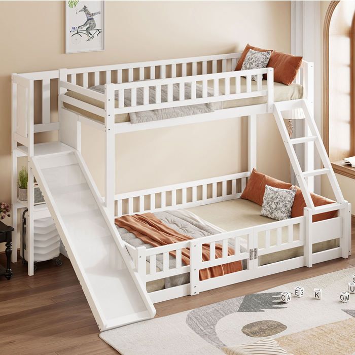 ROVRYN Lit superposé enfant 90 x 200 cm et 140 x 200 cm avec toboggan échelle étagères blanc
