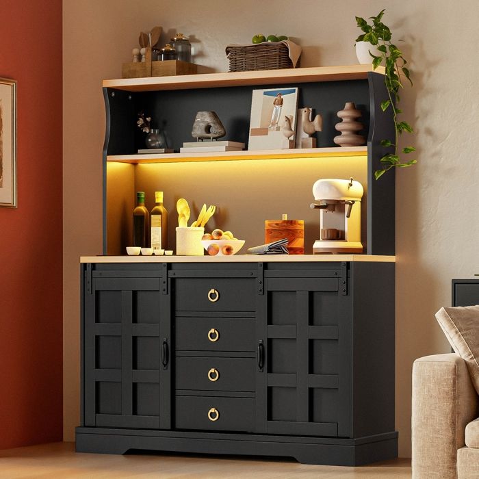 Armoire de Cuisine Buffet Haut avec LED Meuble de Rangement Cuisine avec Prises 4 Tiroirs 2 Portes Coulissantes 120x 40x150cm