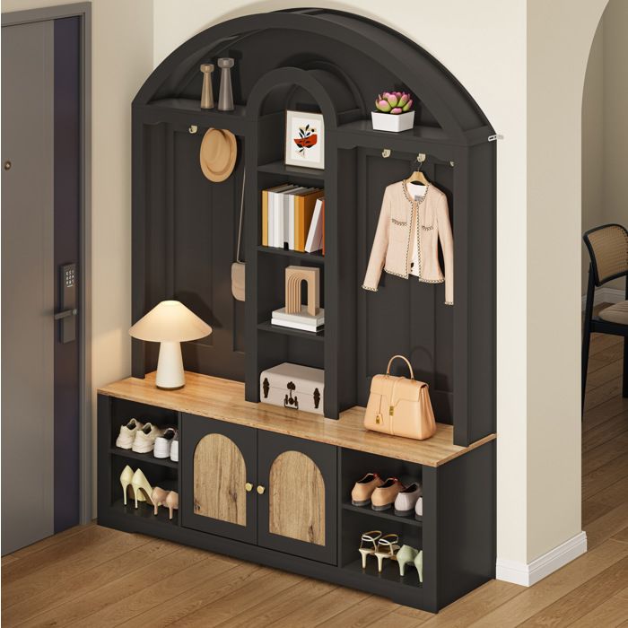 WOVREO Vestiaire dentrée 150x40x195 cm avec 2 portes étagères ouvertes crochets métalliques MDF noir