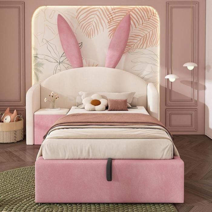 Lit enfant - KOMHTOM - 90x190 - Velours oreilles de lapin - Coffre hydraulique - Table de chevet ouvrable