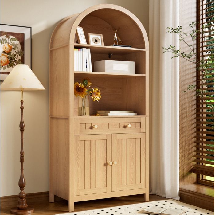 COVREO Armoire haute 76 x 40 x 180 cm 2 portes 1 tiroir étagères ouvertes MDF et panneaux de particules naturel