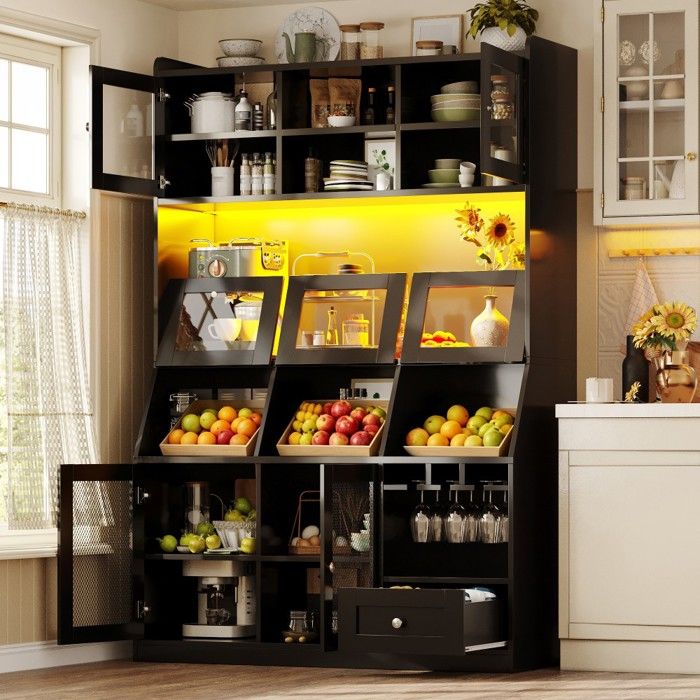 Buffet de cuisine noir 120x40x181 7cm armoire haute vitrée USB LED plan de travail multifonction cuisine salle à manger Buffet de cuisine noir 120x40x181 7cm armoire haute vitrée USB LED plan de travail multifonction cuisine salle à manger