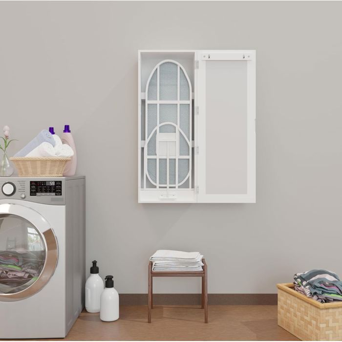 Armoire Murale Blanche MDF Meuble Miroir Repassage FloraGrace Pour Buanderie Ou Chambre Gain De Place 355x21x955cm