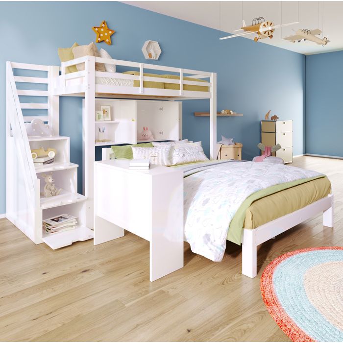 Lit superposé enfant 140x200 cm en bois massif et MDF blanc avec rangement escalier et table mobile