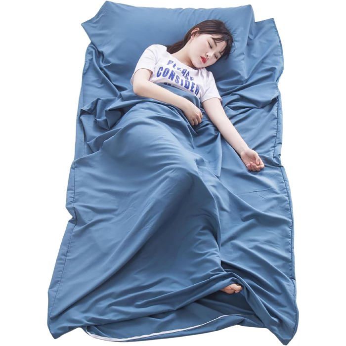Sac de couchage 2 en 1 drap housse coton - fermeture éclair - compartiment oreiller - 220 x 90 cm ultra léger