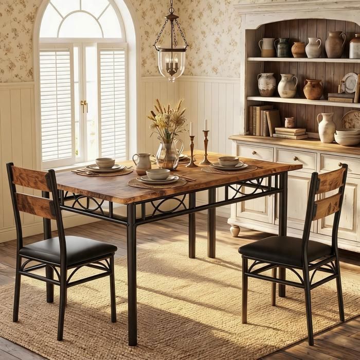 Set Table de Cuisine 3 Pièces – Table Carrée Métal Solide + 2 Chaises Haute Rembourrée  –Couleur rétro– 110 x 70 x 75 cm