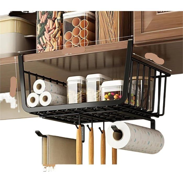 Panier Coulissant Sous Meuble Cuisine Sans Perçage Noir Organisateur Extensible pour Serviettes Tasses et Accessoires