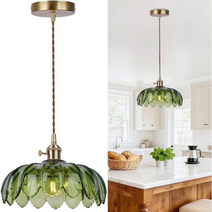 Suspension Luminaire Verre Vert Lustre Salon Vintage Art Déco E27 Ø26Cm[BI6]
