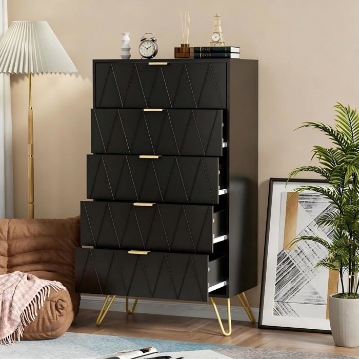 UEV Commode de Rangement à 5 Tiroirs Style Moderne Scandinave Manches et Pieds en Couleur Dorée 60 x 34 x 110 cm Noir