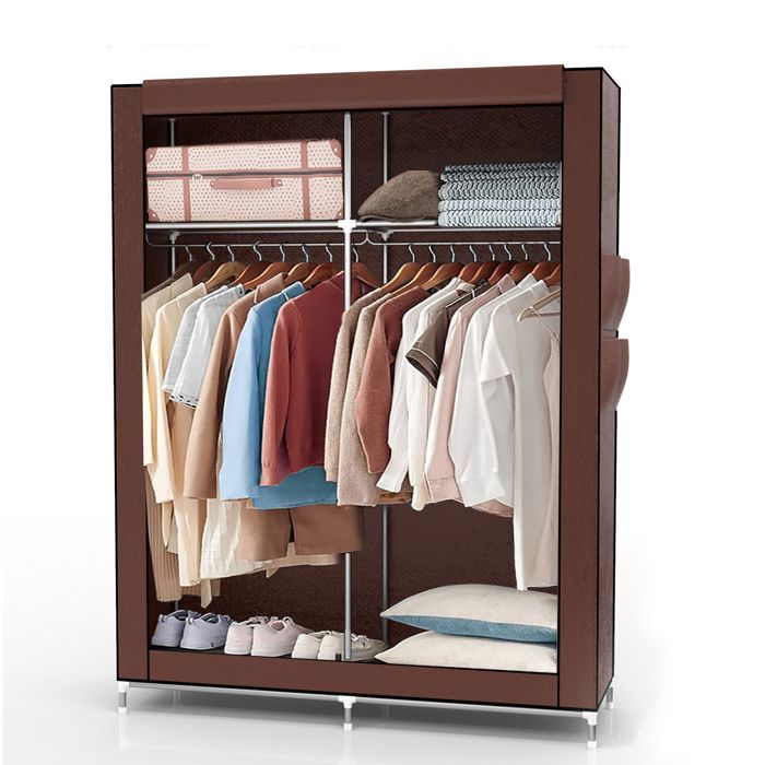 Armoire pliante en tissu 108x45x170 cm marron - penderie dressing à fermeture éclair tringle étagères et poche latérale