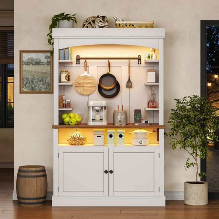 Buffet de Cuisine Haute - Vaisselier - 183 cm - avec LED Prises Barre à Crochets Plan de Travail et Rangement Buffet de Cuisine Haute - Vaisselier - 183 cm - avec LED Prises Barre à Crochets Plan de Travail et Rangement