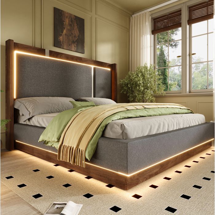 Lit coffre double 160 x 200 cm en lin gris et noyer avec sommier à lattes LED intégrées système hydraulique sans matelas