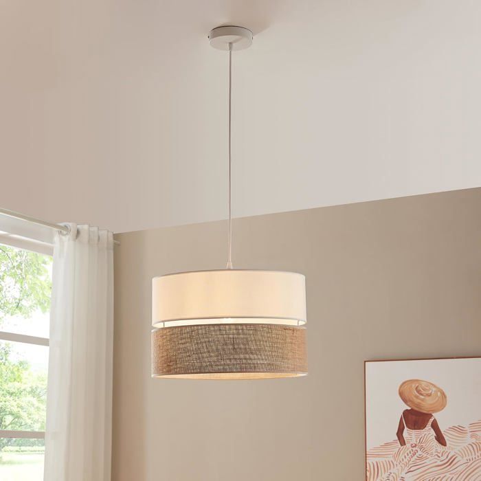 Suspension luminaire E27 60W max abat-jour tissu blanc effet lin métal hauteur 157 cm éclairage salon chambre bureau