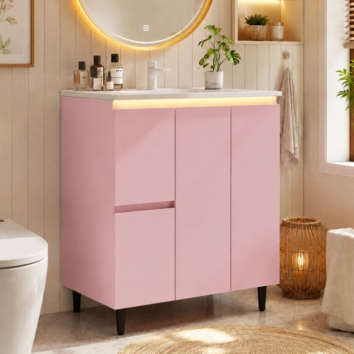 Meuble Vasque Moderne avec Lavabo en Céramique Intégré Armoire de Salle de Bain avec LED 2 Portes 2 Tiroirs 76x47x89cm Rose