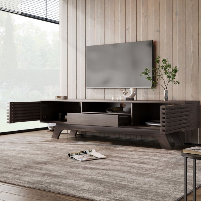 Meuble TV 150 x 35 x 44 cm 1 tiroir 2 portes niche ouverte et passe-câbles bois vintage naturel