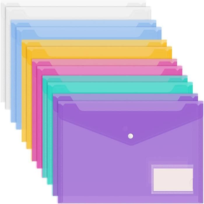 Pochette Plastique A4 - Lot De 12 Pochette Plastique Avec Bouton Pression Et Porte Carte, 6 