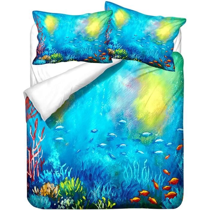 Housse de Couette Poisson Tropical Corail 3D Tortue de Mer Requin